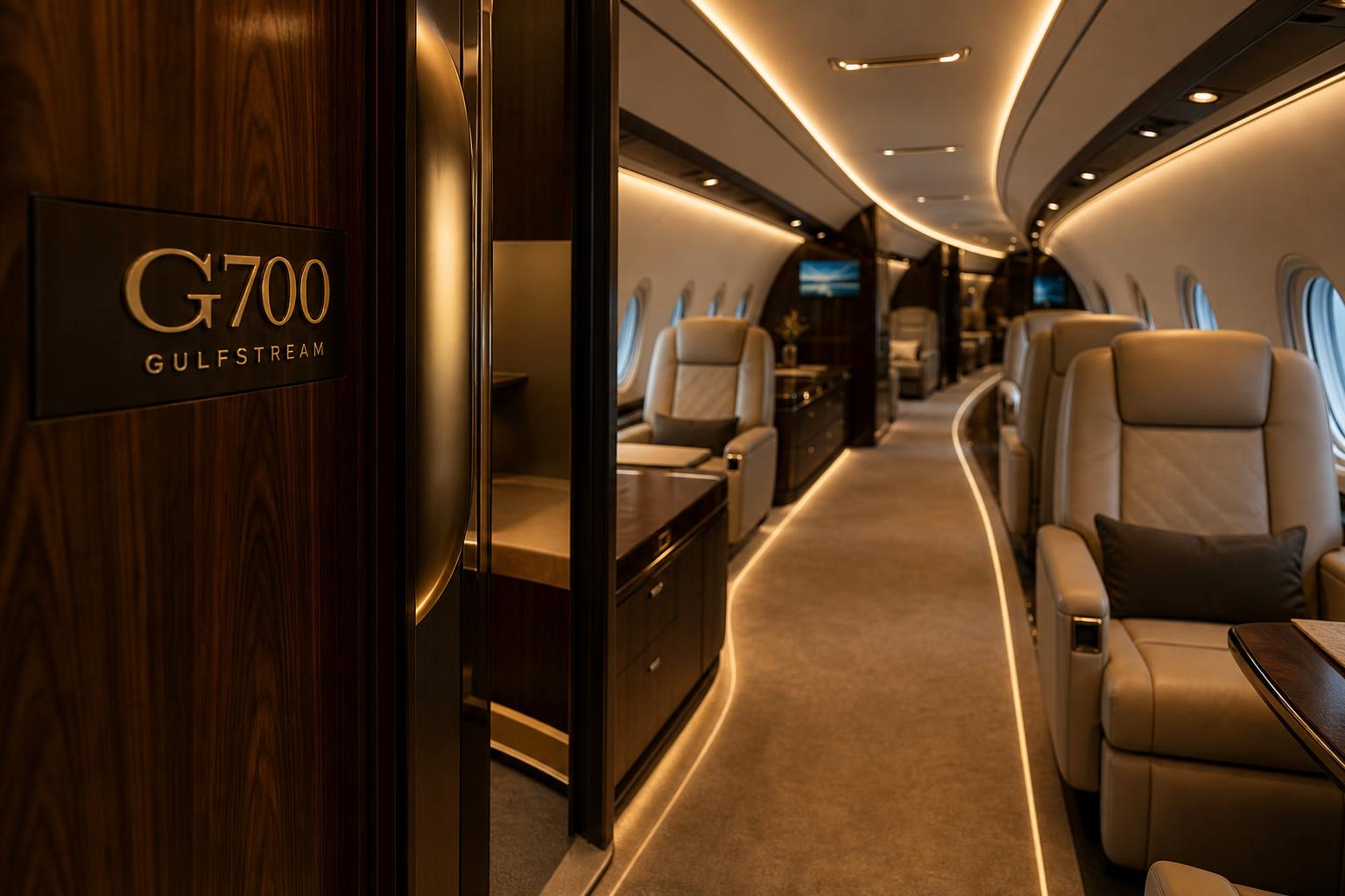 Inside the G700 cabin, the aisle curving to the right