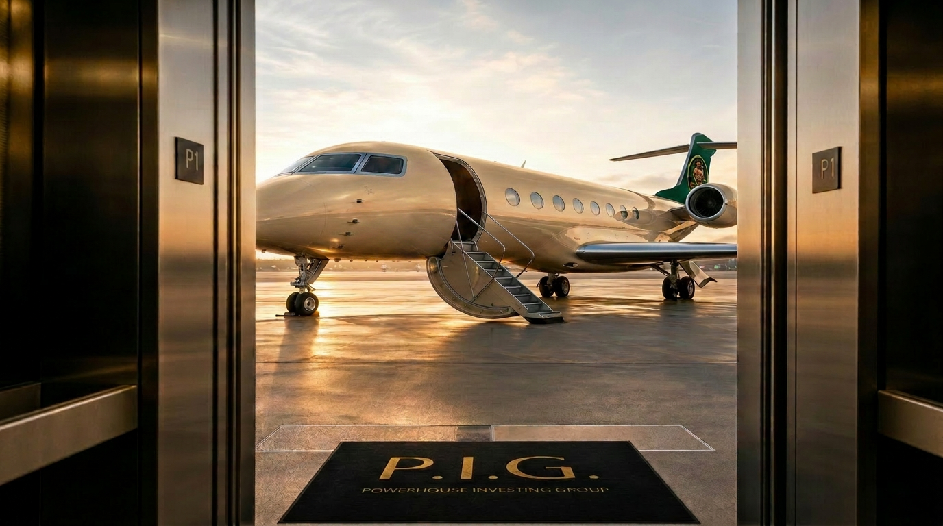 Elevator doors opening onto a private tarmac with the P.I.G. Gulfstream G700